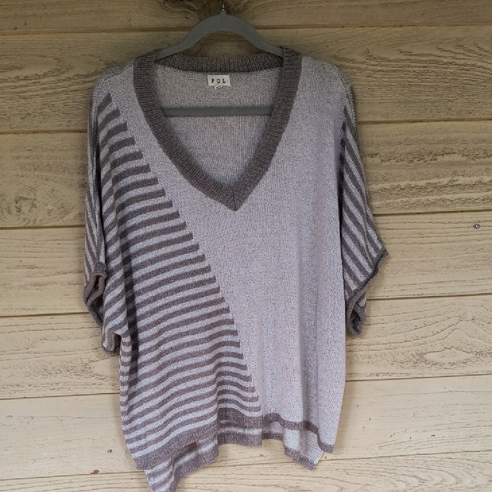 POL Overdose Oversized Short Sleeve V-neck Striped Knit Sweater